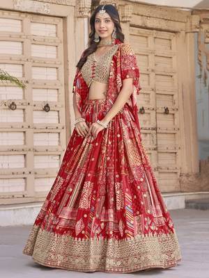 Red Chinon Silk Digital Print Zari Embroidered Lehenga Wedding Wear 2