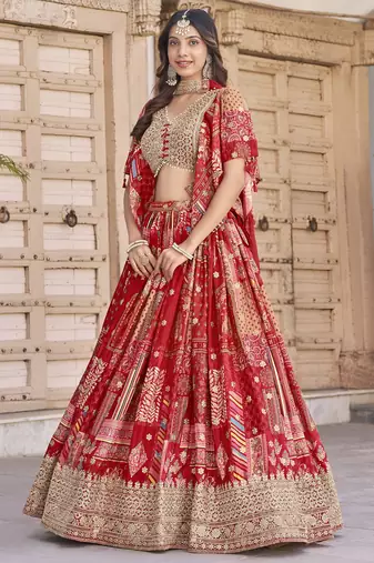 Red Chinon Silk Digital Print Zari Embroidered Lehenga Wedding Wear