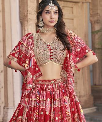 Red Chinon Silk Digital Print Zari Embroidered Lehenga Wedding Wear 4