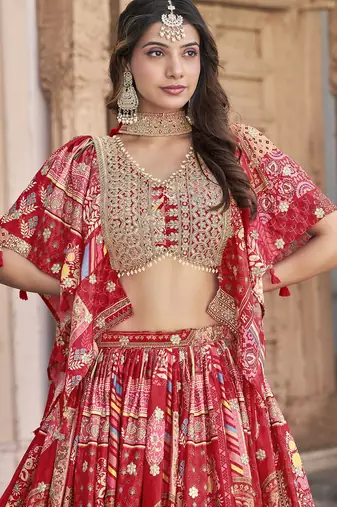 Red Chinon Silk Digital Print Zari Embroidered Lehenga Wedding Wear