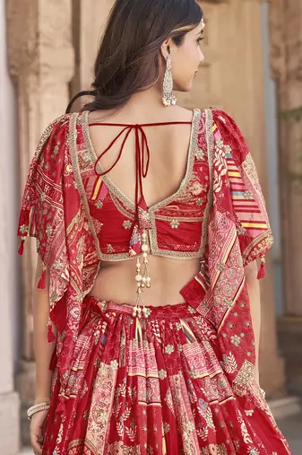 Red Chinon Silk Digital Print Zari Embroidered Lehenga Wedding Wear