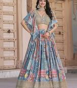 Sky Blue Chinon Silk Digital Print Zari Embroidered Lehenga Wedding Wear
