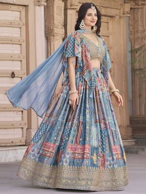 Sky Blue Chinon Silk Digital Print Zari Embroidered Lehenga Wedding Wear 2