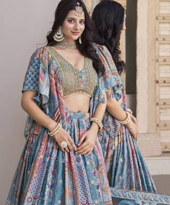 Sky Blue Chinon Silk Digital Print Zari Embroidered Lehenga Wedding Wear 3
