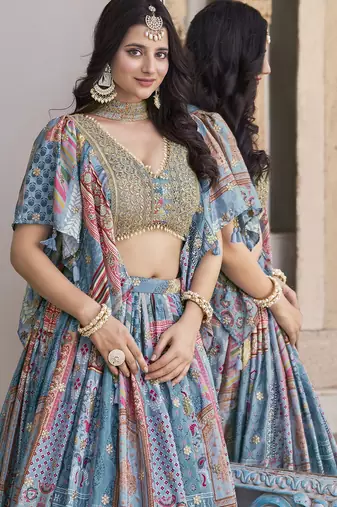 Sky Blue Chinon Silk Digital Print Zari Embroidered Lehenga Wedding Wear