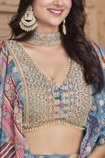 Sky Blue Chinon Silk Digital Print Zari Embroidered Lehenga Wedding Wear
