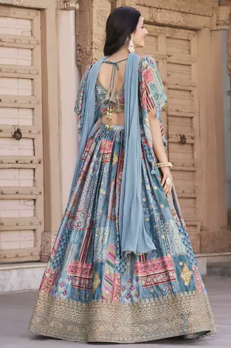Sky Blue Chinon Silk Digital Print Zari Embroidered Lehenga Wedding Wear