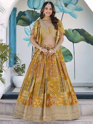 Yellow Chinon Silk Digital Print Zari Embroidered Lehenga Wedding Wear 1