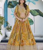 Yellow Chinon Silk Digital Print Zari Embroidered Lehenga Wedding Wear