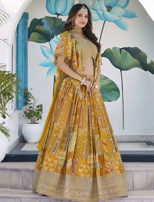 Yellow Chinon Silk Digital Print Zari Embroidered Lehenga Wedding Wear 2