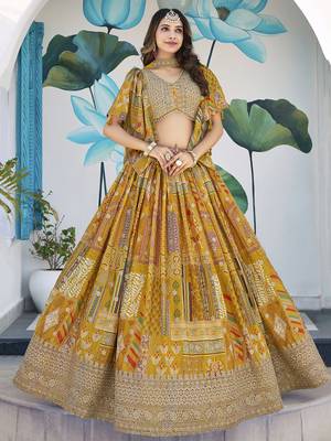 Yellow Chinon Silk Digital Print Zari Embroidered Lehenga Wedding Wear 3