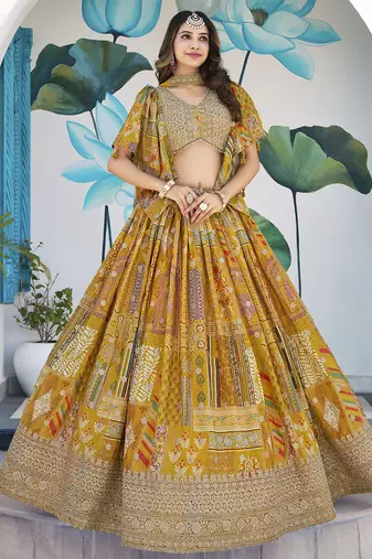 Yellow Chinon Silk Digital Print Zari Embroidered Lehenga Wedding Wear