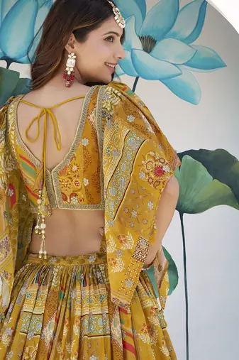 Yellow Chinon Silk Digital Print Zari Embroidered Lehenga Wedding Wear