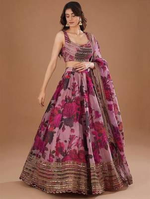 Purple Organza Floral Digital Print Gota Work Glamorous Lehenga Wedding Wear 1