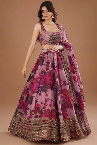 Purple Organza Floral Digital Print Gota Work Glamorous Lehenga Wedding Wear