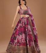 Purple Organza Floral Digital Print Gota Work Glamorous Lehenga Wedding Wear