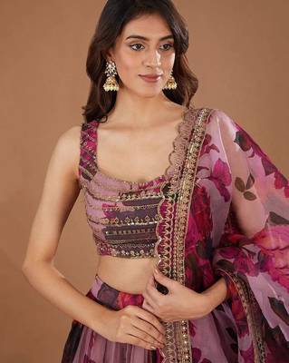 Purple Organza Floral Digital Print Gota Work Glamorous Lehenga Wedding Wear 2