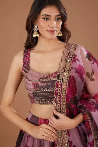 Purple Organza Floral Digital Print Gota Work Glamorous Lehenga Wedding Wear