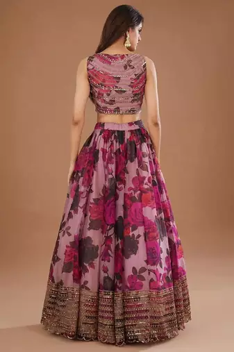 Purple Organza Floral Digital Print Gota Work Glamorous Lehenga Wedding Wear