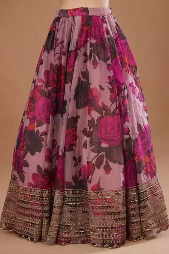 Purple Organza Floral Digital Print Gota Work Glamorous Lehenga Wedding Wear
