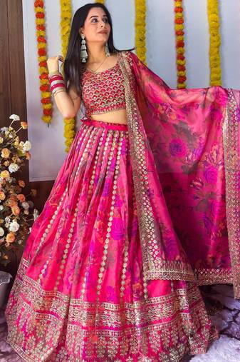 Women's Pink floral printed organza bridesmaid lehenga choli