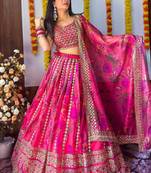 Women's Pink floral printed organza bridesmaid lehenga choli
