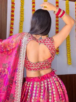 Women's Pink floral printed organza bridesmaid lehenga choli 5
