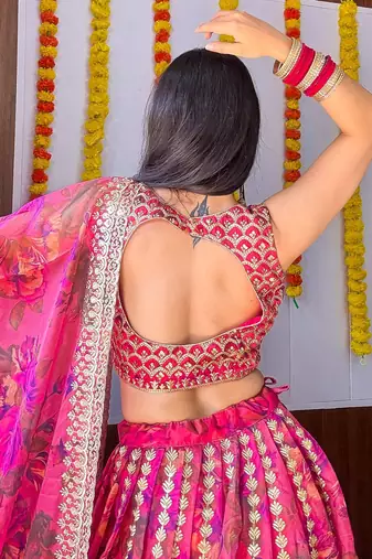 Women's Pink floral printed organza bridesmaid lehenga choli