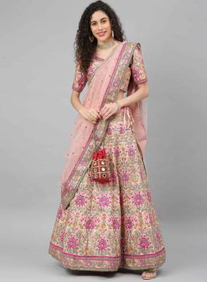 women's baby pink dori  zari and thread embroidered silk bridal wedding party wear lehenga 1