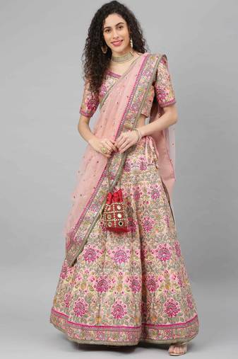 women's baby pink dori, zari and thread embroidered silk bridal wedding party wear lehenga