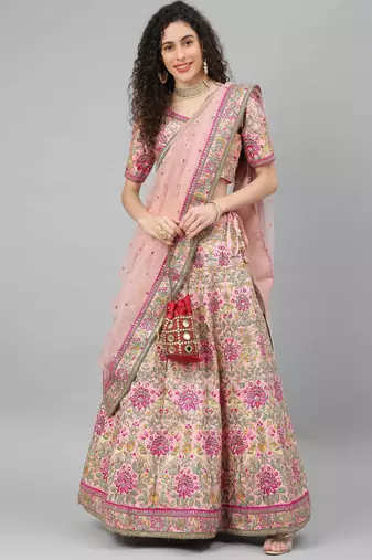 women's baby pink dori, zari and thread embroidered silk bridal wedding party wear lehenga
