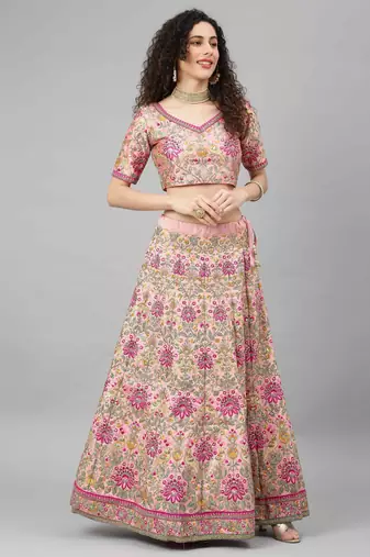 women's baby pink dori, zari and thread embroidered silk bridal wedding party wear lehenga