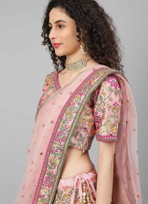 women's baby pink dori  zari and thread embroidered silk bridal wedding party wear lehenga 4