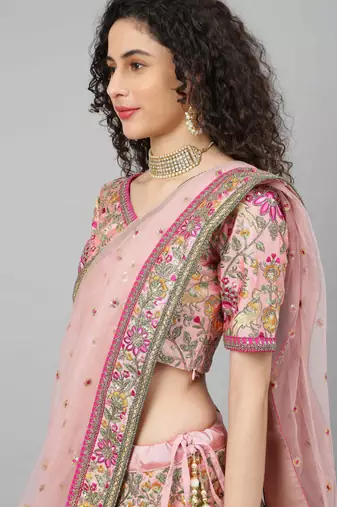 women's baby pink dori, zari and thread embroidered silk bridal wedding party wear lehenga