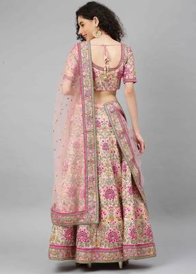 women's baby pink dori  zari and thread embroidered silk bridal wedding party wear lehenga 5