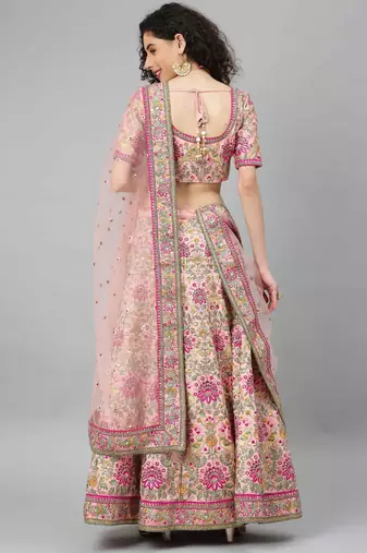 women's baby pink dori, zari and thread embroidered silk bridal wedding party wear lehenga