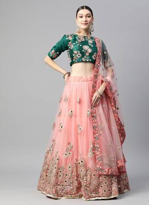 Exotic green and peach net thread & zari embroidered with mirror wedding lehenga choli with dupatta 1
