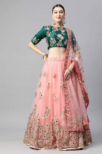 Exotic green and peach net thread & zari embroidered with mirror wedding designer lehenga choli with dupatta
