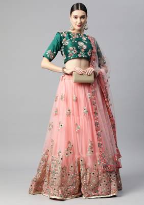 Exotic green and peach net thread & zari embroidered with mirror wedding lehenga choli with dupatta 2