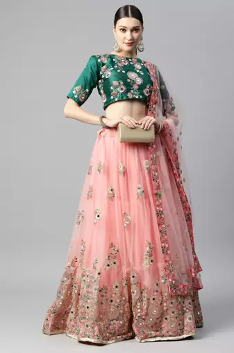 Exotic green and peach net thread & zari embroidered with mirror wedding lehenga choli with dupatta