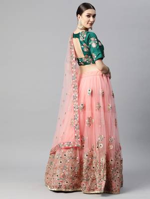 Exotic green and peach net thread & zari embroidered with mirror wedding lehenga choli with dupatta 3