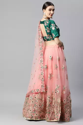 Exotic green and peach net thread & zari embroidered with mirror wedding lehenga choli with dupatta