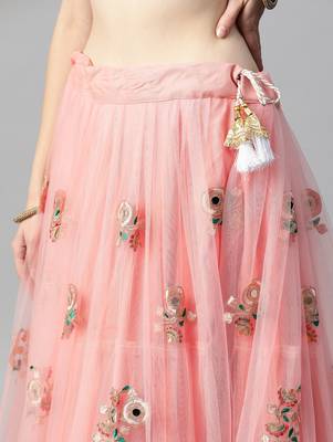 Exotic green and peach net thread & zari embroidered with mirror wedding lehenga choli with dupatta 4