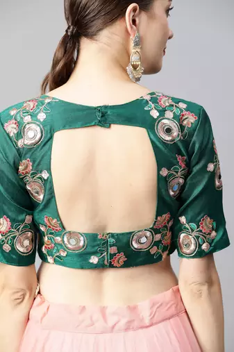 Exotic green and peach net thread & zari embroidered with mirror wedding lehenga choli with dupatta