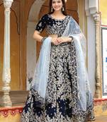 Stunning navy blue embroidered velvet wedding lehenga choli with dupatta