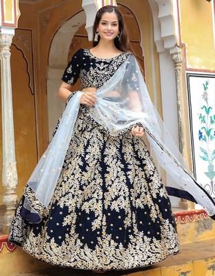Stunning navy blue embroidered velvet wedding lehenga choli with dupatta 3