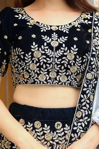 Stunning navy blue embroidered velvet wedding lehenga choli with dupatta