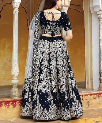 Stunning navy blue embroidered velvet wedding lehenga choli with dupatta 5