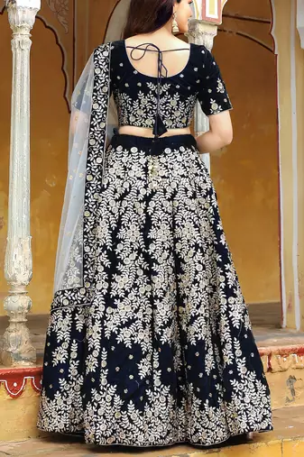 Stunning navy blue embroidered velvet wedding lehenga choli with dupatta