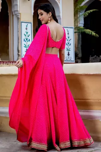 Pink Georgette Leheriya Print Zari Work Stunning Lehenga Festive Wear